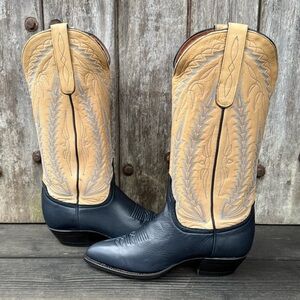 Vintage Larry Mahan Navy Blue and Beige Women’s Cowboy Boots
